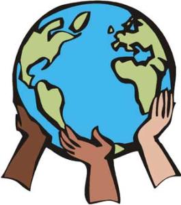 drawn image of three human hands holding up planet earth